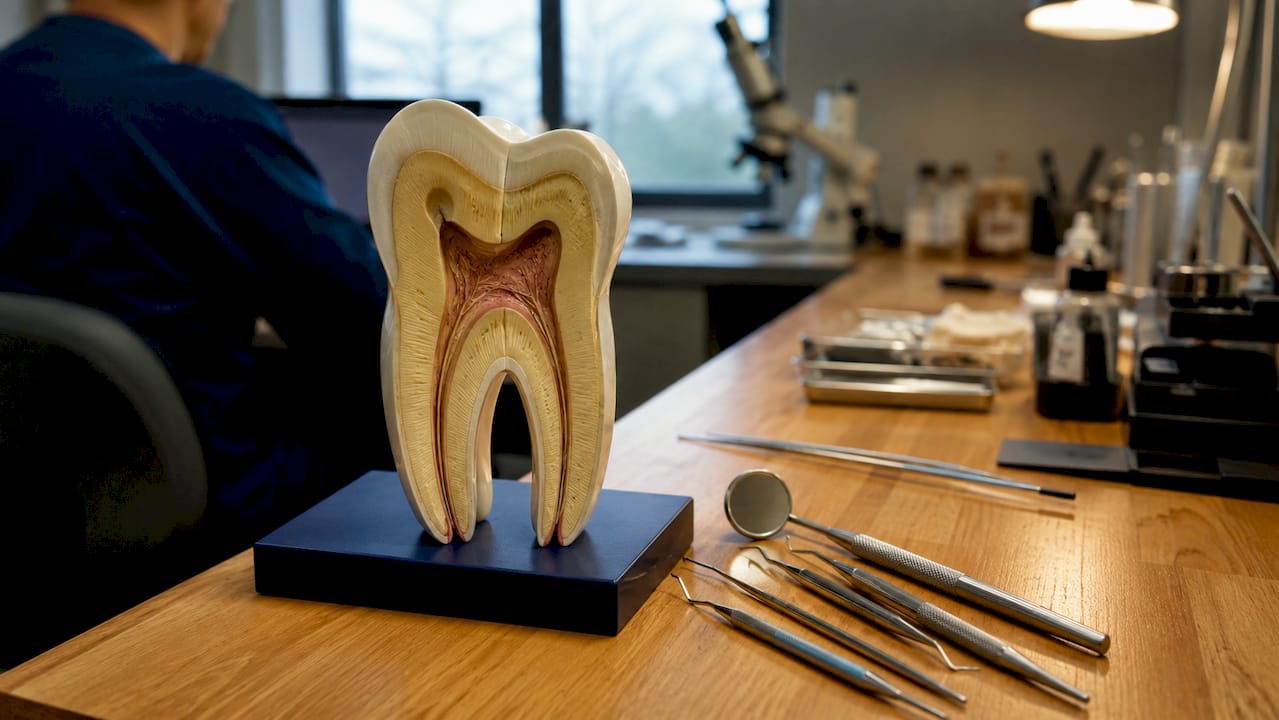Cross-sectional model showing enamel and dentin layers