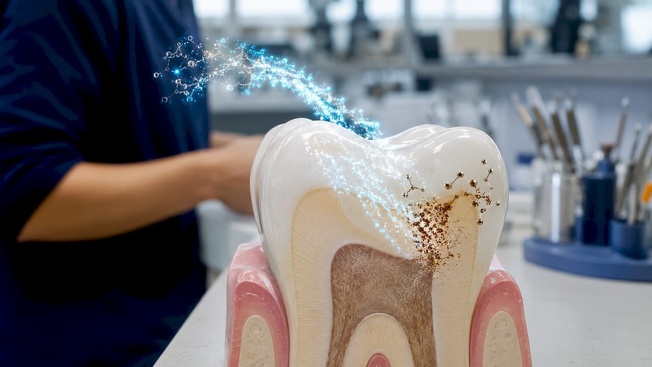 Close-up tooth model showing whitening process