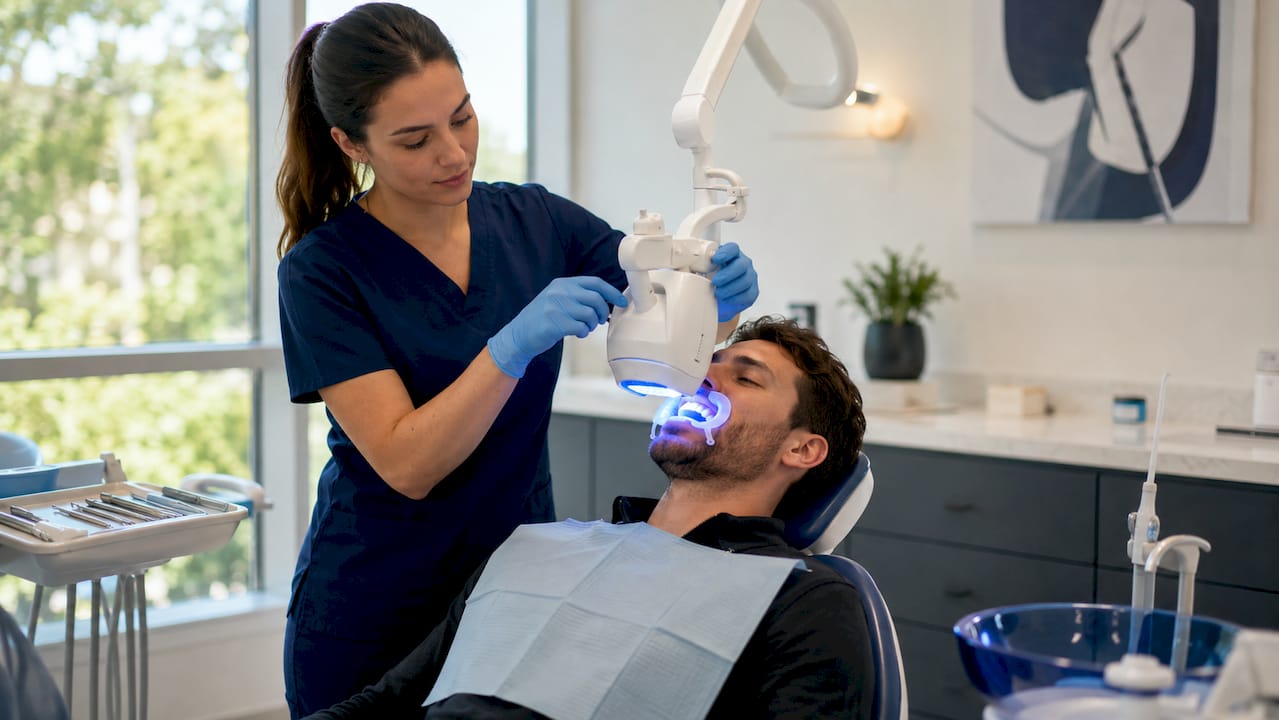 Close-up laser teeth whitening in progress