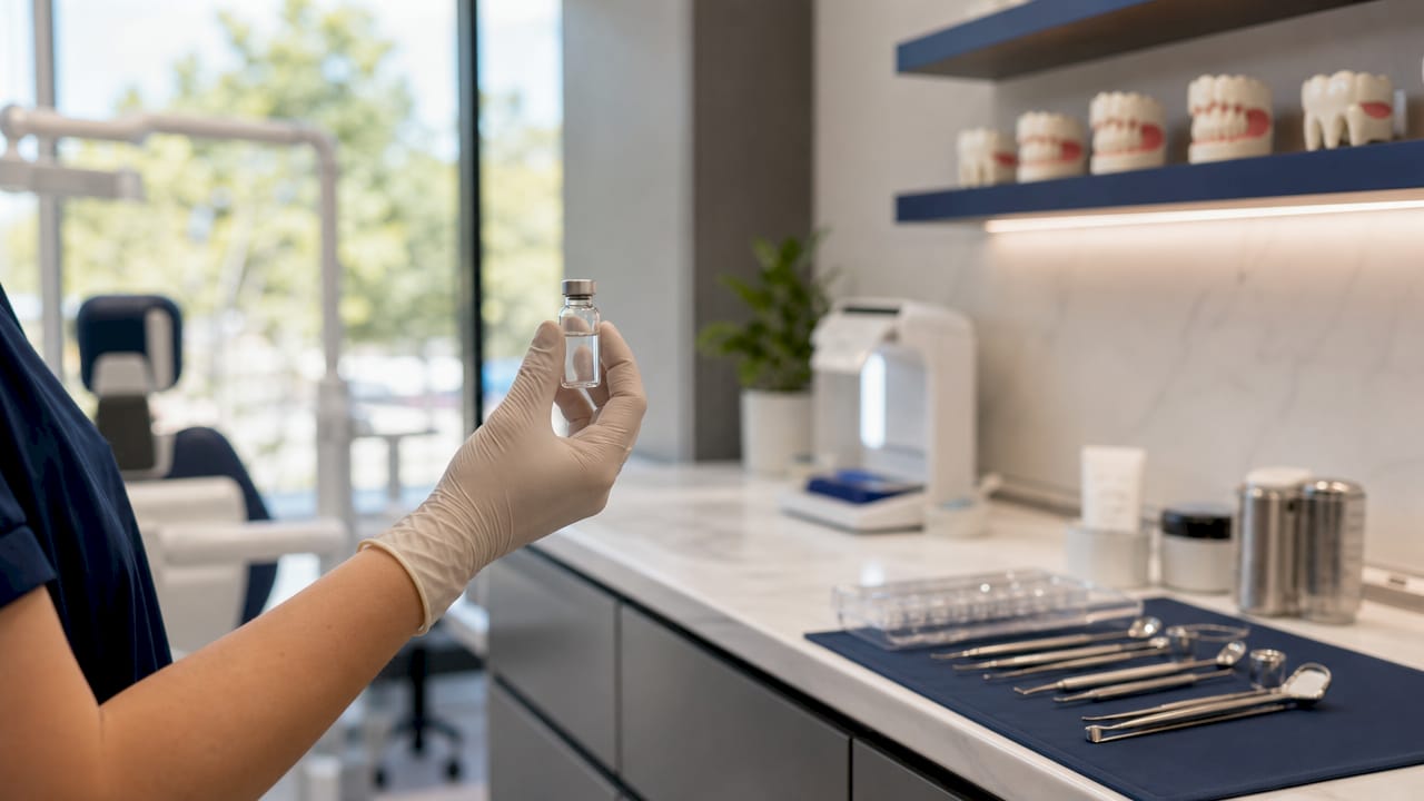 Dental professional holding whitening gel vial in lab
