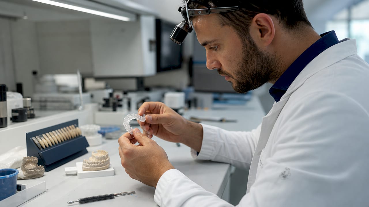 Dental technician inspecting custom whitening tray closely