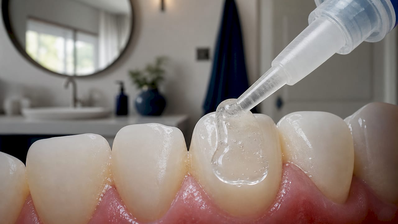 Close-up of polymer whitening gel on teeth