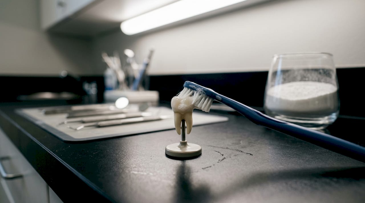 Close-up brushing tooth enamel with whitening paste
