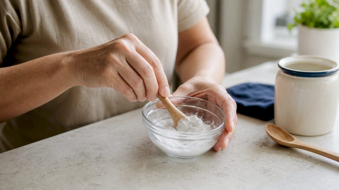 Close-up of mixing baking soda for teeth