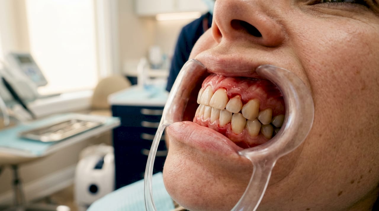 Close-up of gums with chemical burn irritation