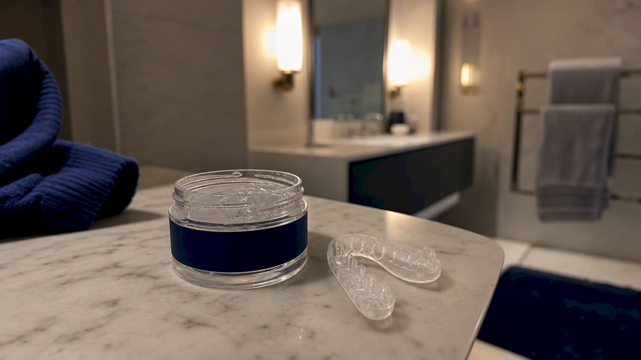 Carbamide peroxide gel and dental tray on bathroom counter