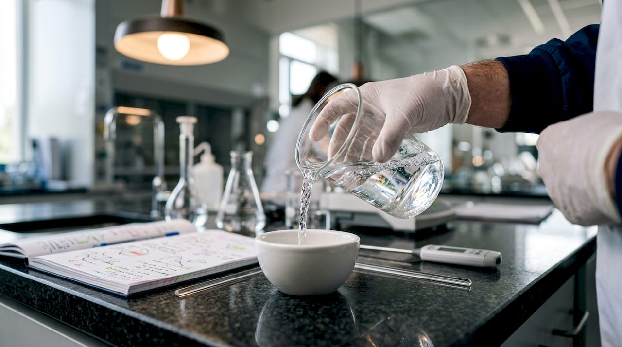 Lab hands holding beaker with whitening reaction