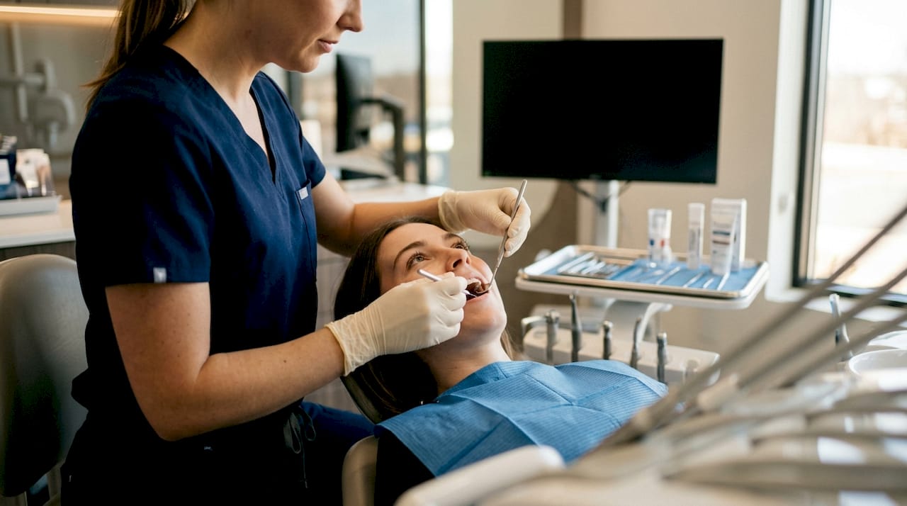 Dental hygienist performing pre-whitening exam