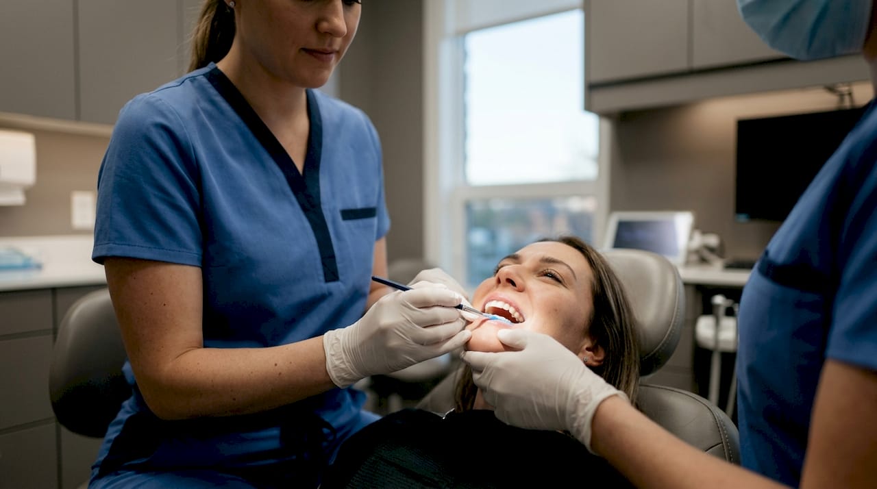 Hands applying protective gel to gums in dental clinic