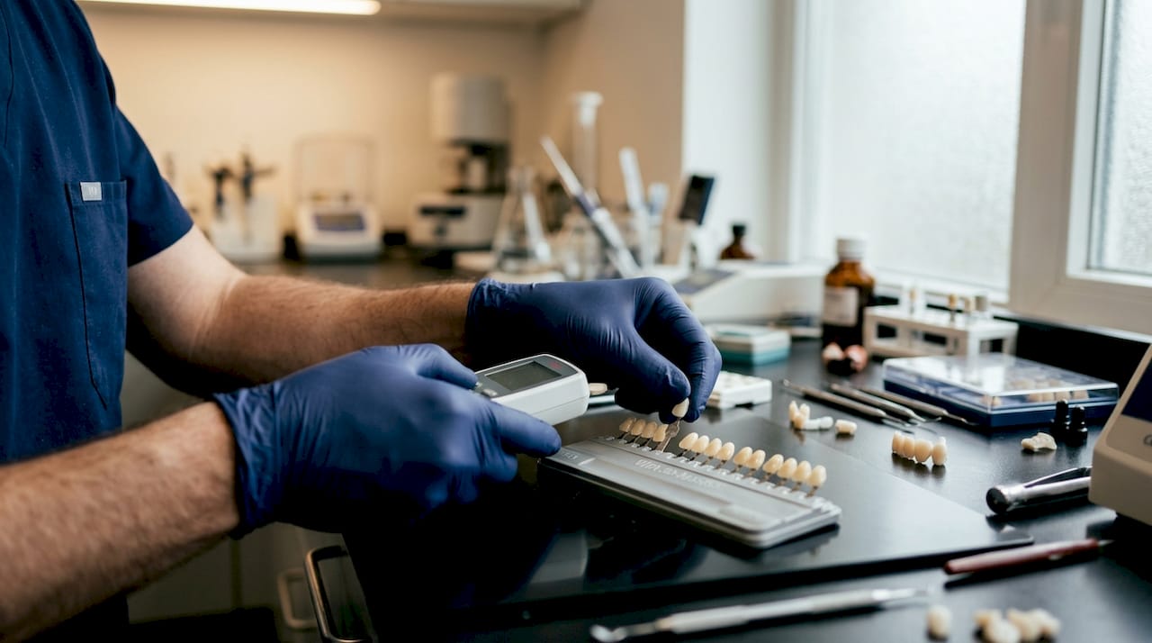 Dental technician adjusting digital shade meter by teeth tabs