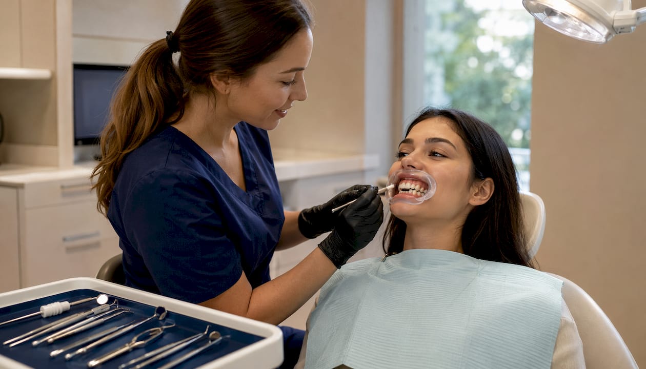 Dentist applying bonding in cosmetic dentistry procedure