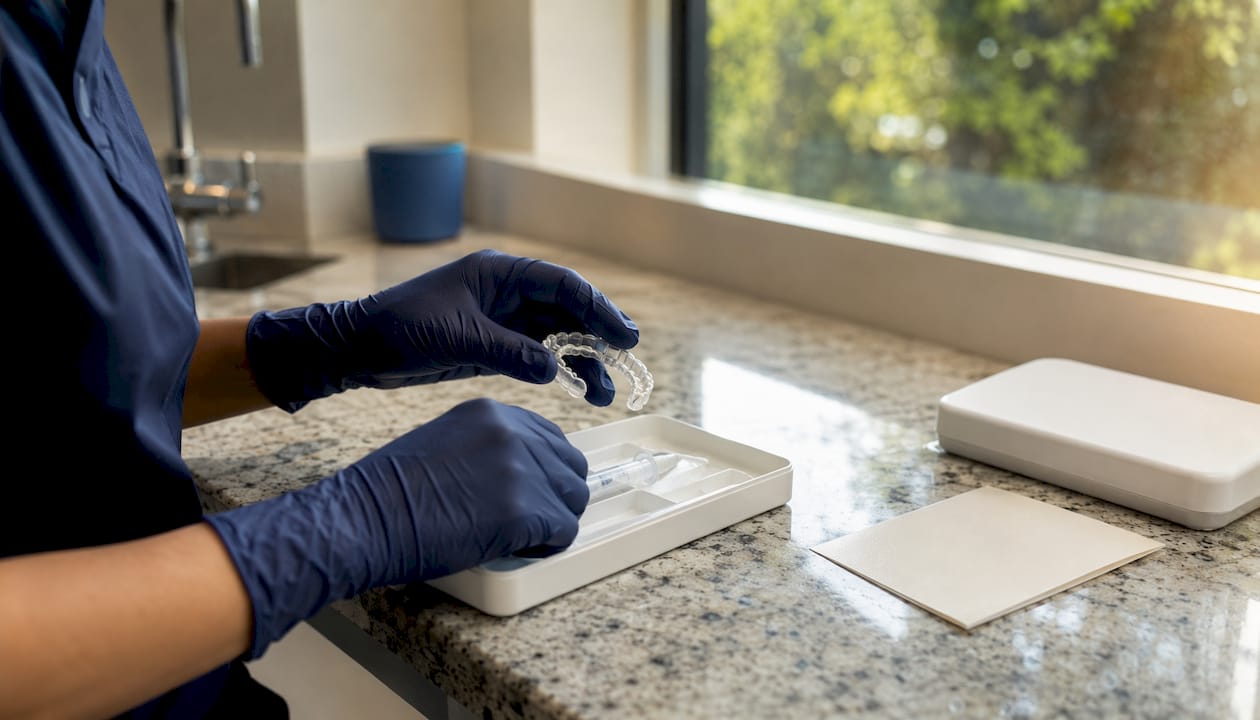 Overhead view of dentist preparing whitening kit