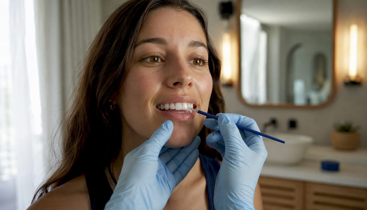 Close-up of whitening gel applied to natural teeth