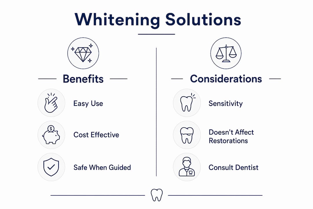 Infographic comparing benefits and considerations of local whitening solutions