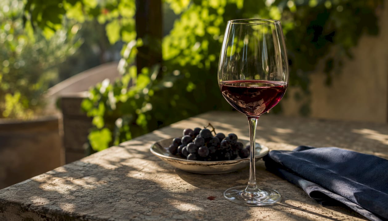 Glass of red wine on wooden bar