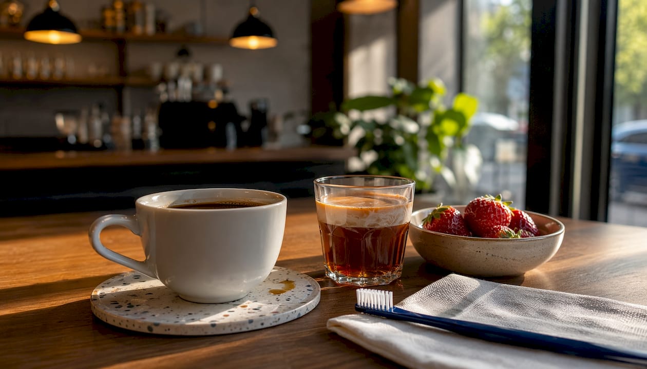 Coffee and tea with dental hygiene items on counter
