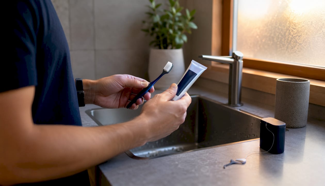 Hands holding toothpaste and toothbrush over sink