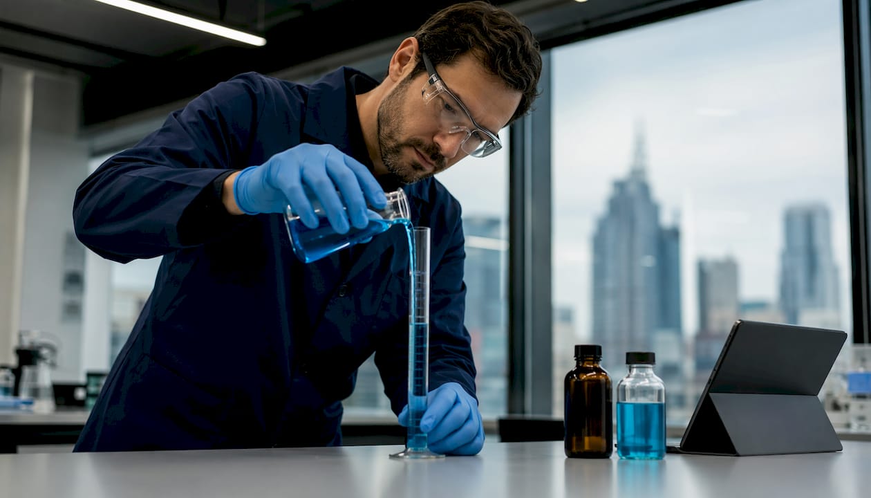 Chemist measuring whitening gel ingredients in lab