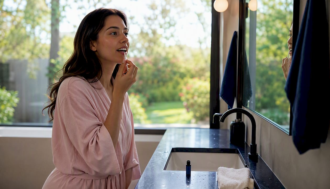 Woman applying whitening serum at bathroom vanity