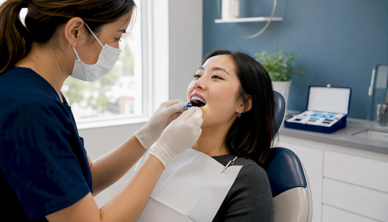 Dentist applying protective barrier for whitening