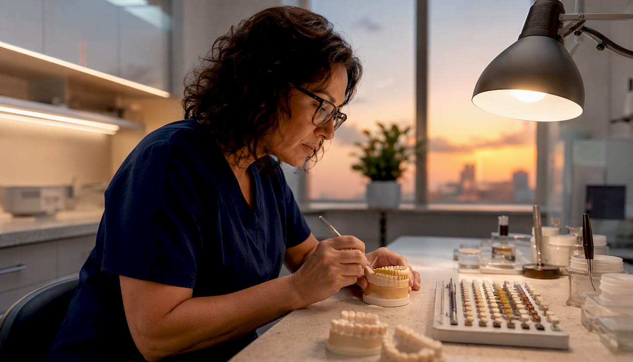 Dental technician examining restorative dental molds