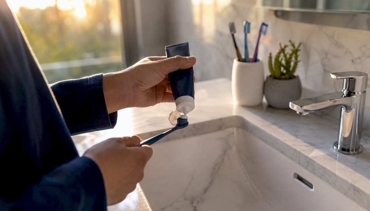 Close-up of hands applying whitening toothpaste to toothbrush