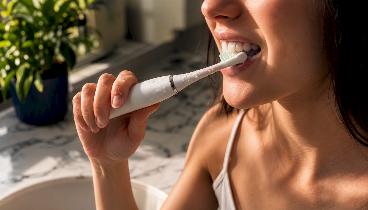 Close-up electric toothbrush cleaning teeth