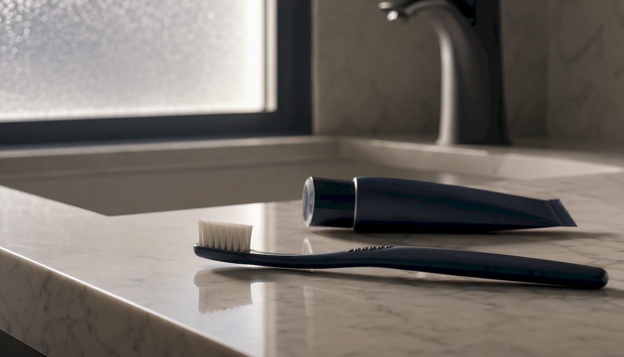 Toothbrush and toothpaste on bathroom sink