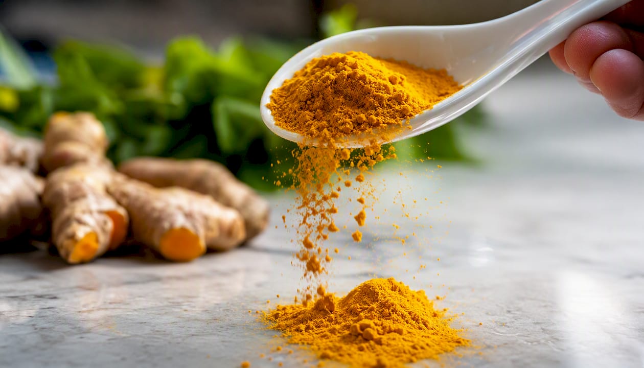 Close-up of turmeric powder and root pieces