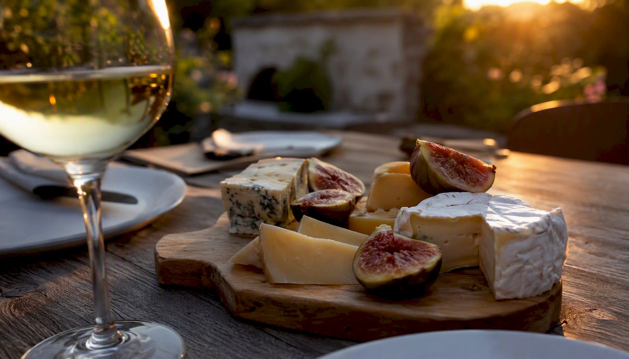 Wine glass and cheese board on table