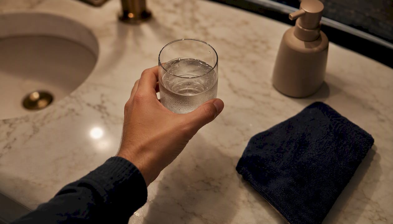 Hand holding glass of water to rinse mouth