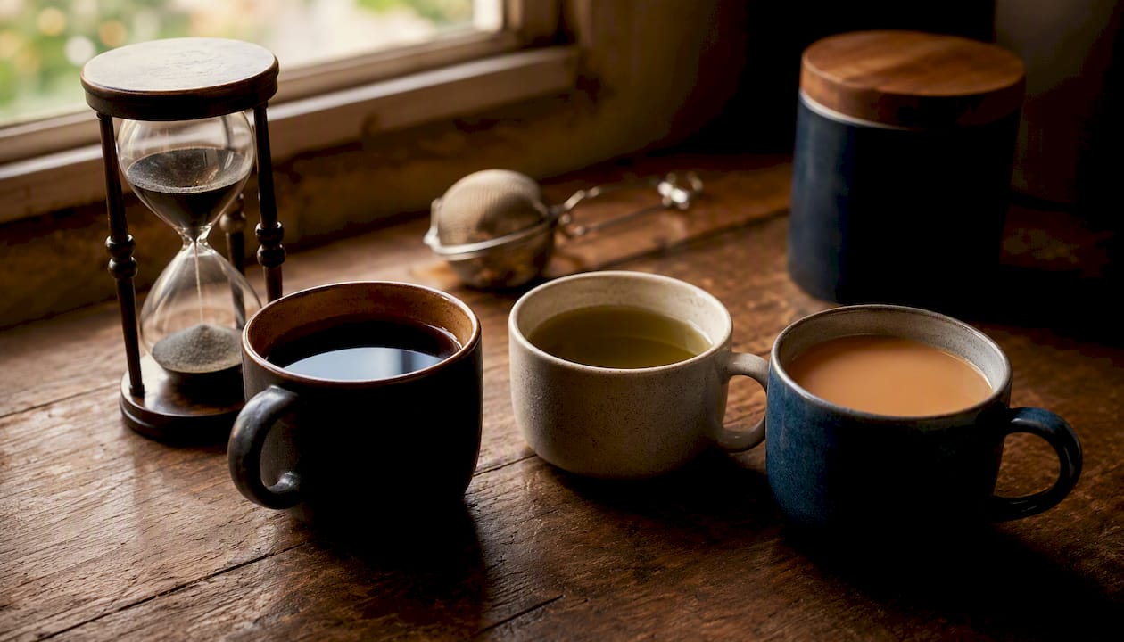 Three glasses of tea with milk and timer