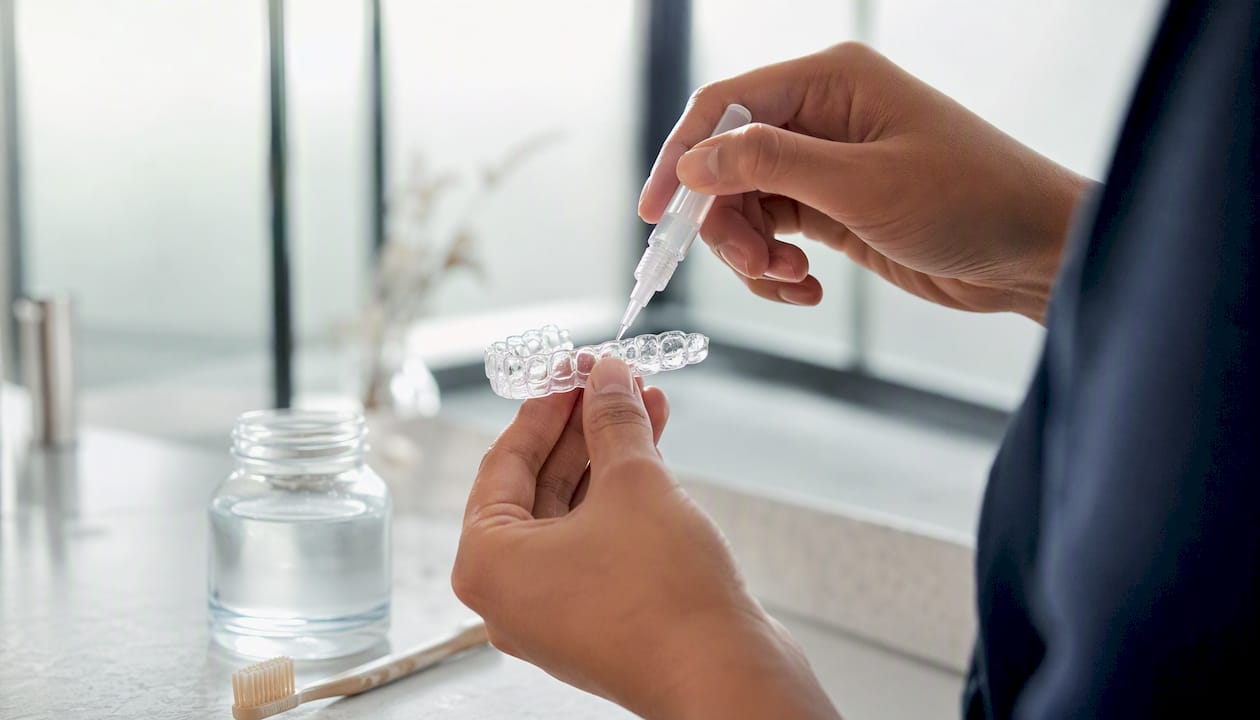Hands applying whitening serum to dental tray