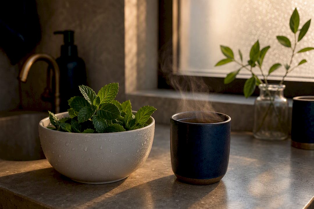 Cup of chamomile tea with ice nearby