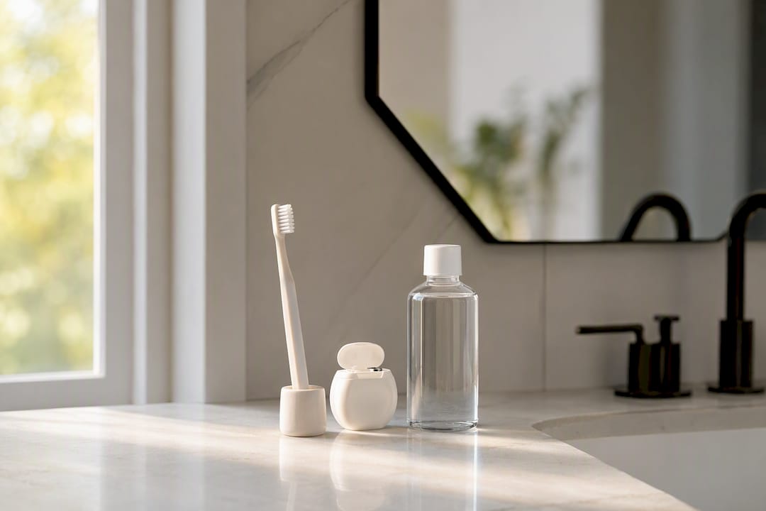 Oral hygiene tools on bathroom counter