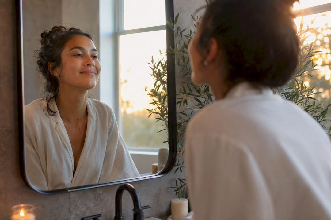 Person practicing smile in mirror
