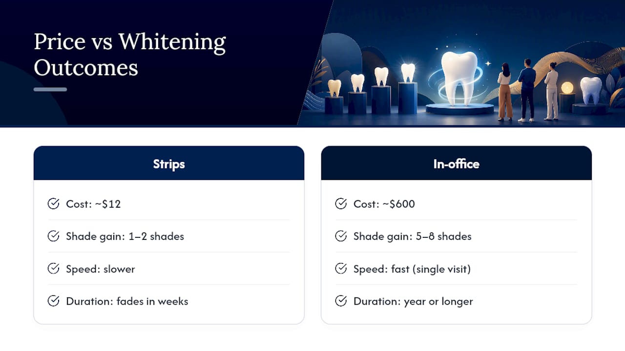 Comparison infographic of whitening strips and in-office bleaching