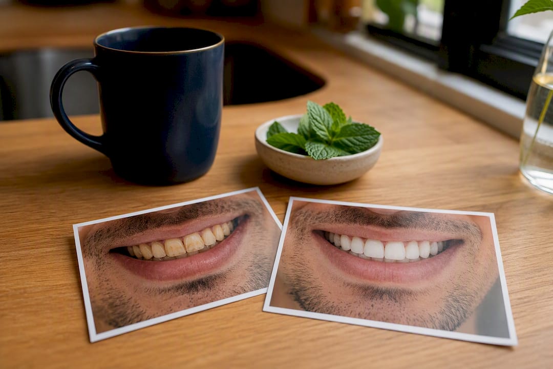 Before and after teeth whitening photos on table