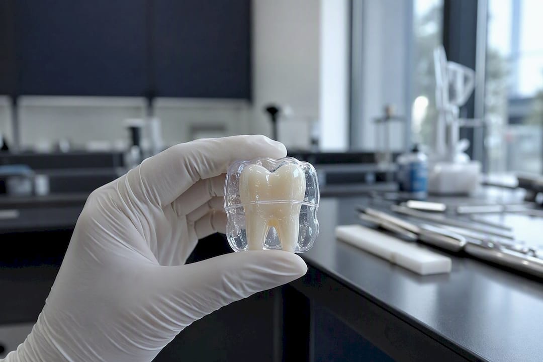 Dental model tooth under clear aligner close-up