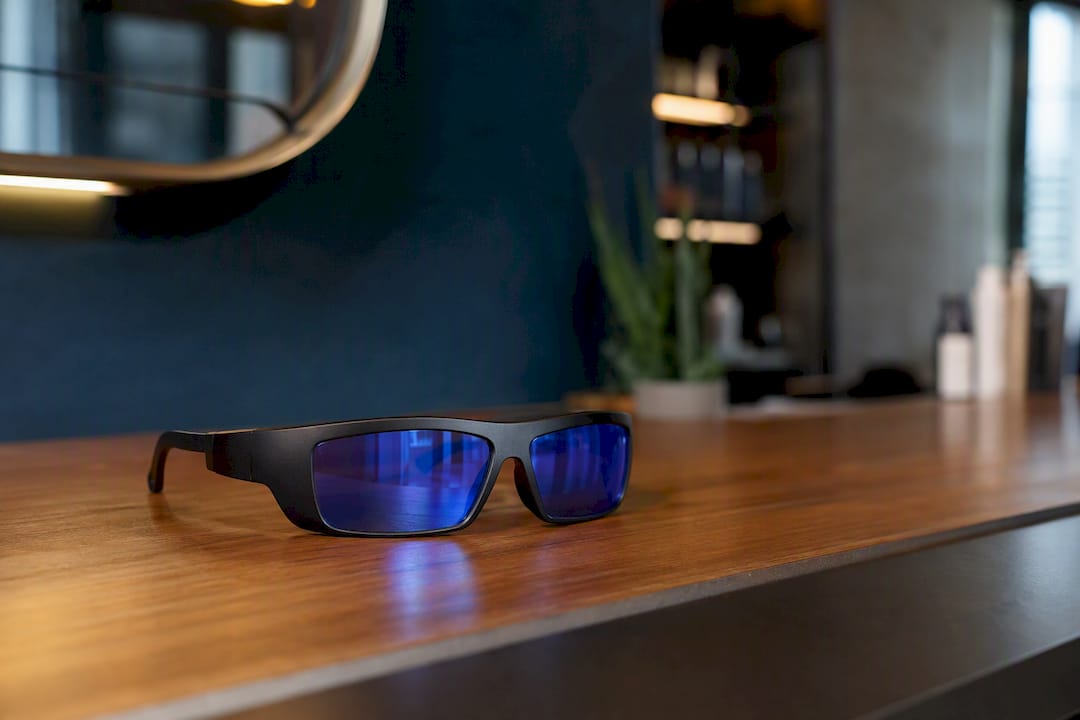 Blue light protective eyewear on counter