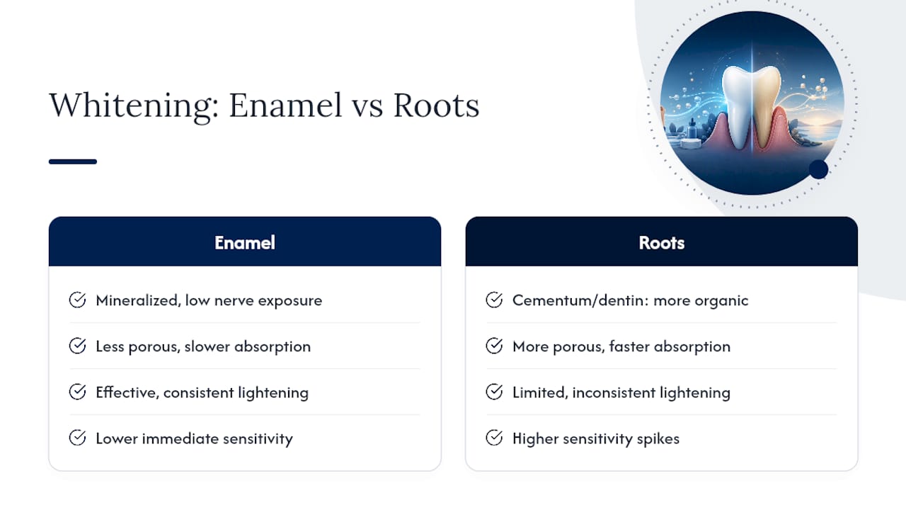 How Whitening Agents Behave Differently on Roots vs. Enamel — overview diagram
