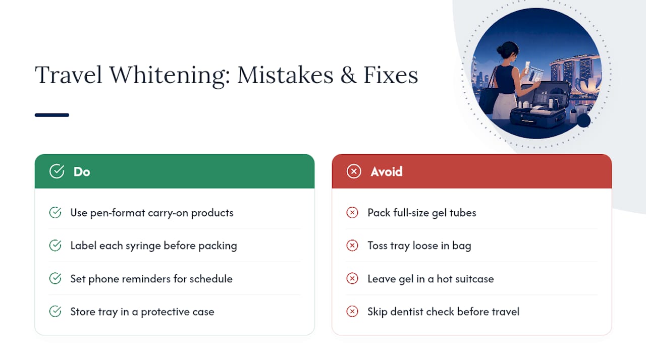 Common Travel Whitening Mistakes and Quick Fixes — overview diagram