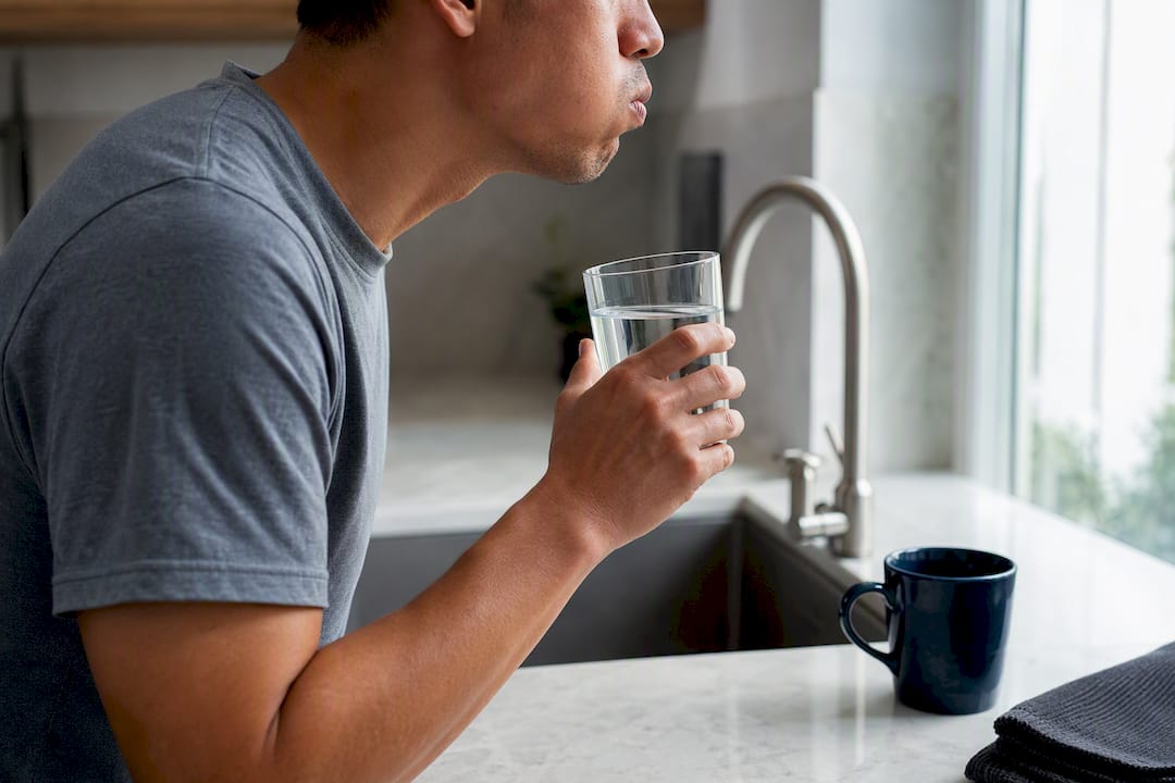 Adult rinsing mouth with water after coffee