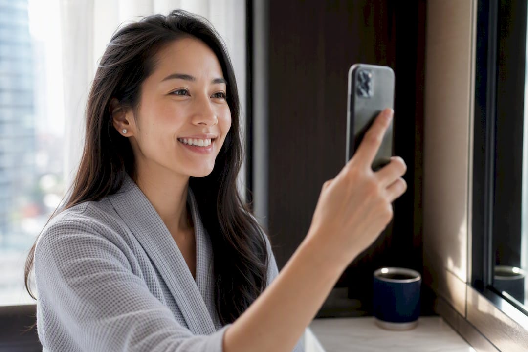 Adult taking a baseline smile photo