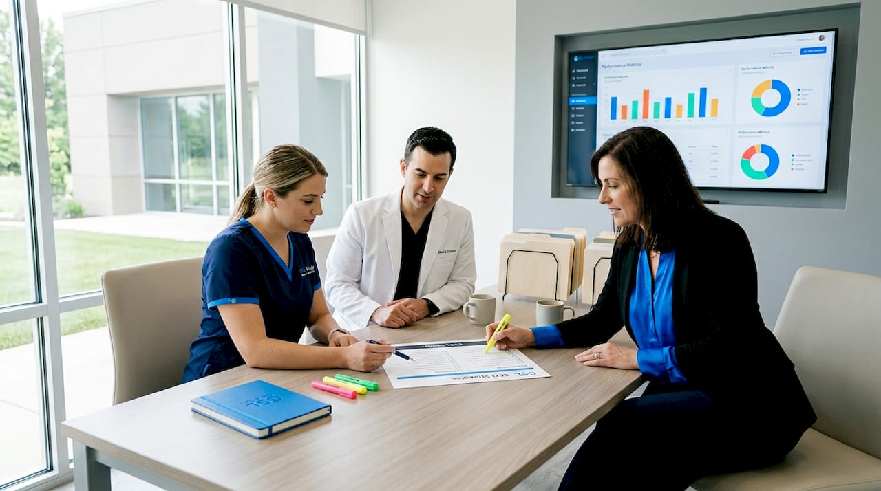 Dental team reviews SEO task checklist together