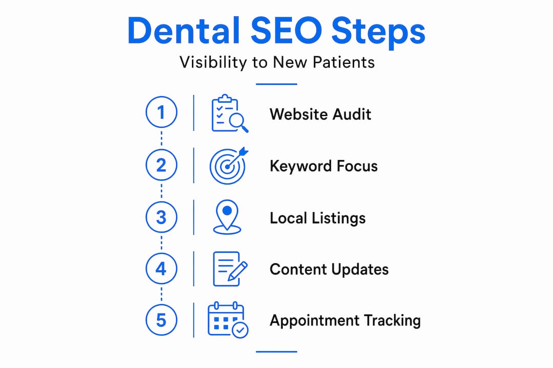 Infographic outlining five-step dental SEO process