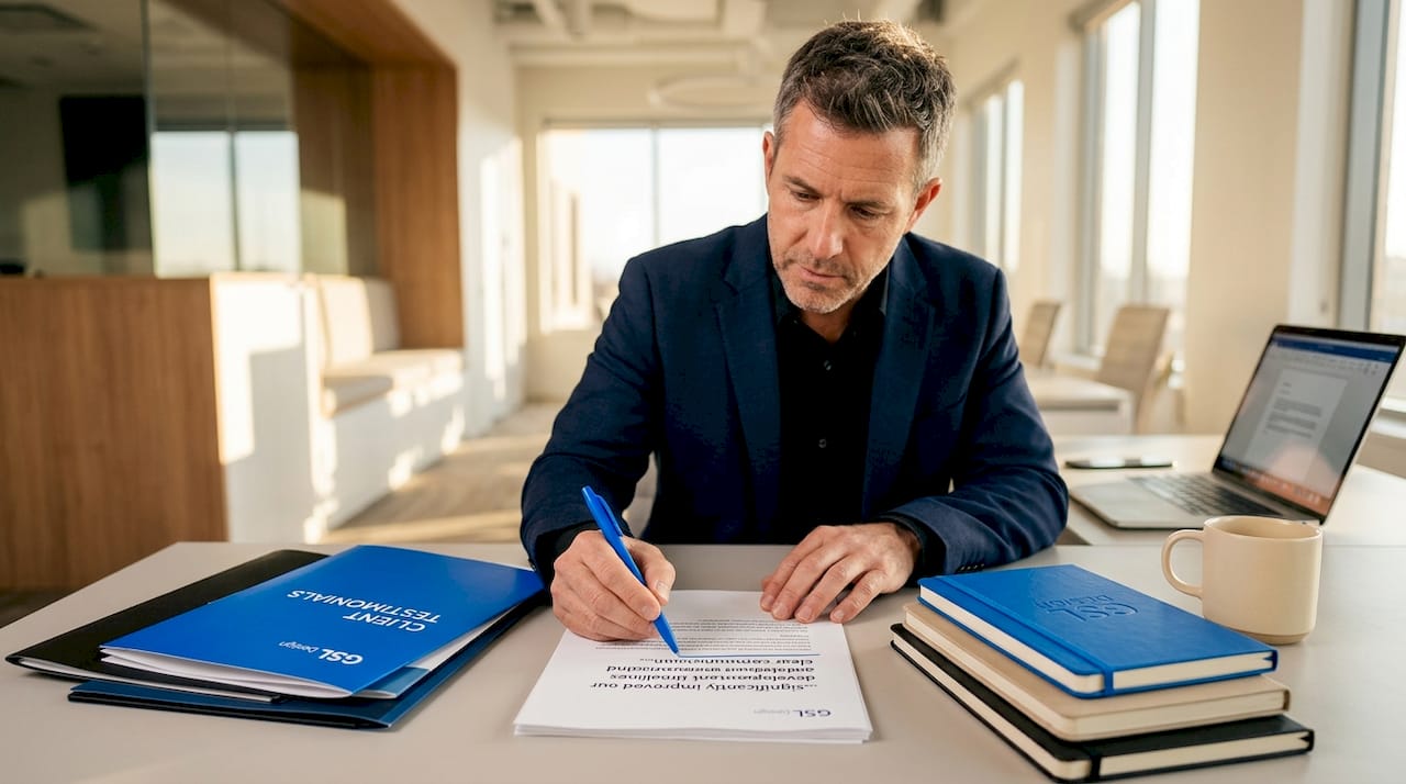 Man organizing proof and testimonials before writing