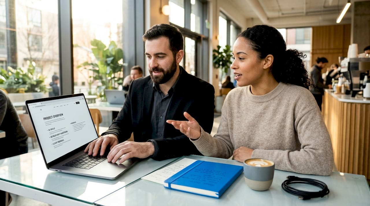 Two colleagues scanning website at kitchen table