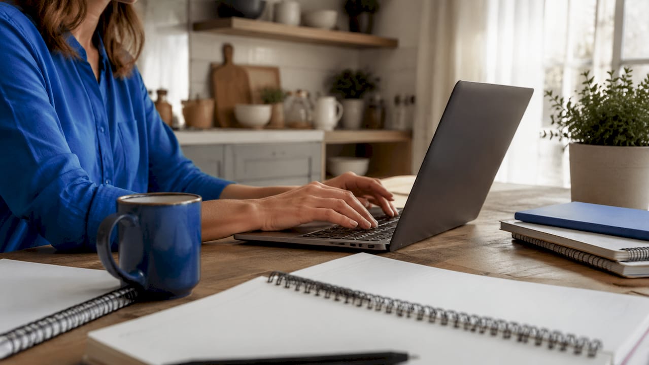 Close-up of hands typing local SEO laptop