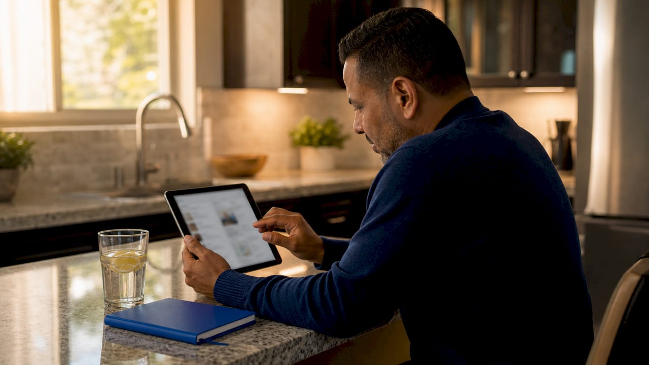Hands analyzing Google Business Profile on tablet